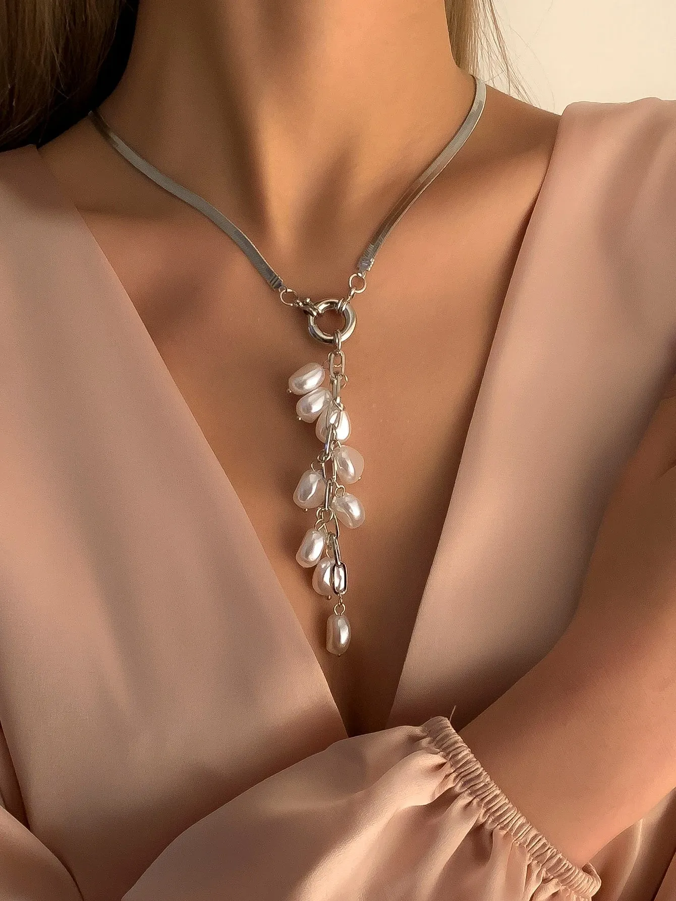 Faux Pearl & Snake Chain Link Necklace - Silver - FD ⚡