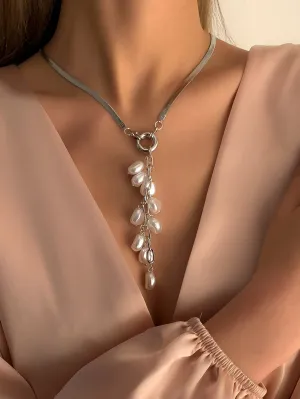 Faux Pearl & Snake Chain Link Necklace - Silver - FD ⚡
