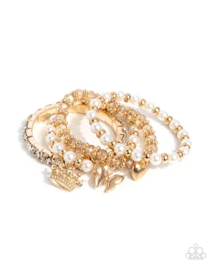 Feminine Charm - Gold - Charms White Pearl and Rhinestone Paparazzi Stretchy Bracelet
