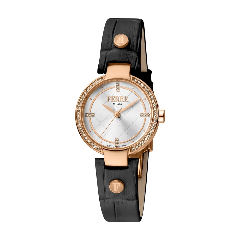 Ferre Milano Ladies Watch Ip Rose Gold Case & Black Leather Strap