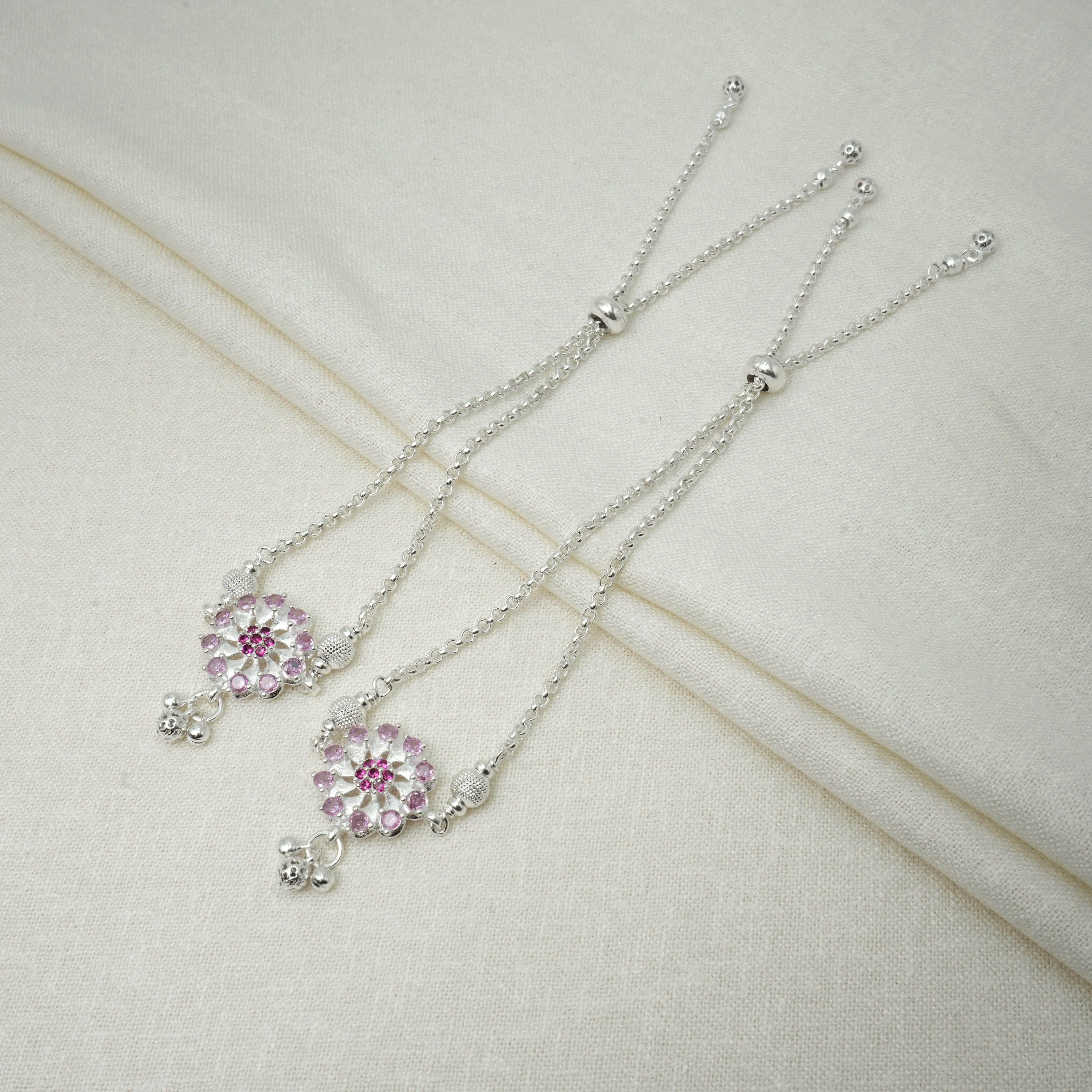 Floral Silver Anklet Light Pink Gemstone Detail