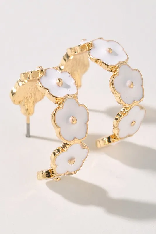 Flower Edge Enamel Hoop Earrings - White