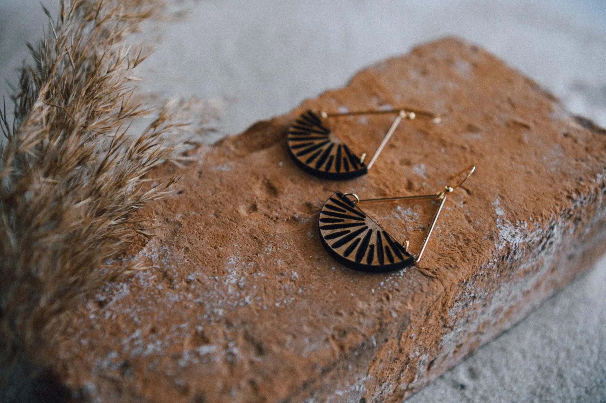 Flying Lotus Half Moon Wood Earrings