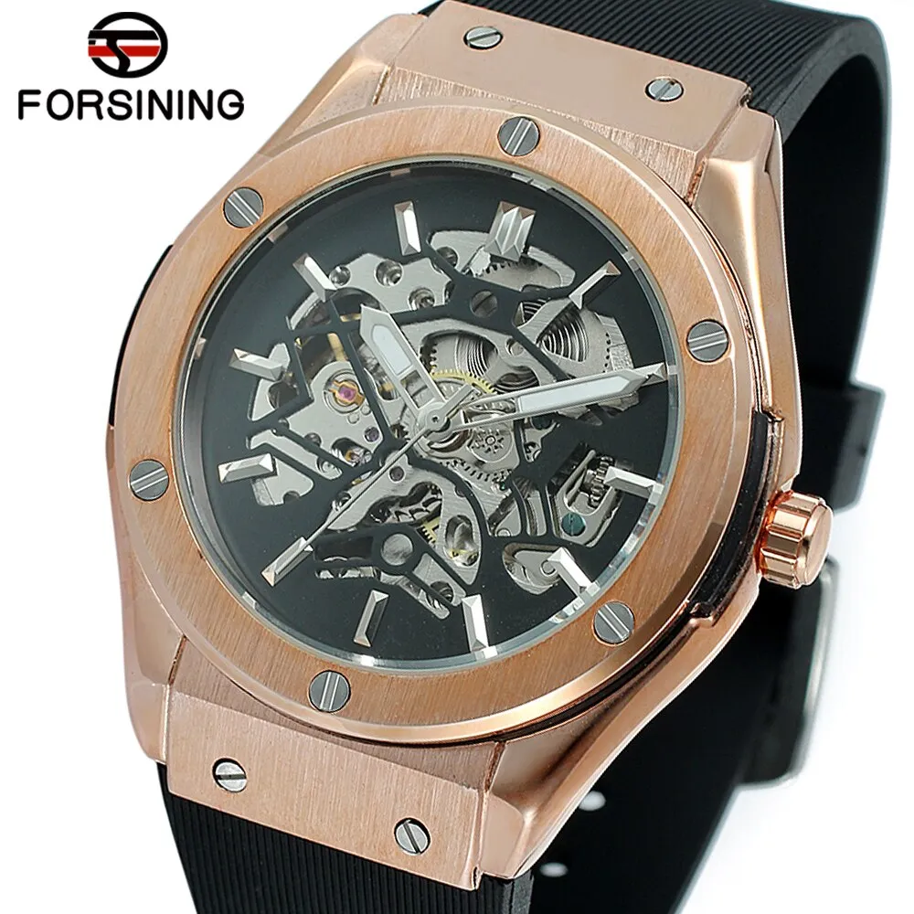 FORSINING Military Sports Auto Mechanical Watch Men Rubber Strap Skeleton Mens Watches Top Brand Luxury HIP HOP Punk Clock