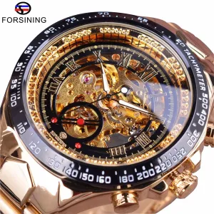 Forsining Stainless Steel Classic Series Transparent Golden Movement Steampunk Skeleton Mens Watches