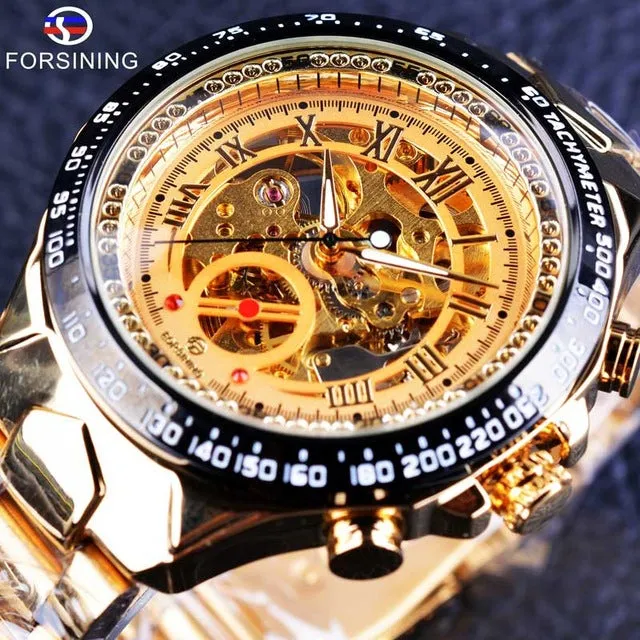 Forsining Stainless Steel Classic Series Transparent Golden Movement Steampunk Skeleton Mens Watches
