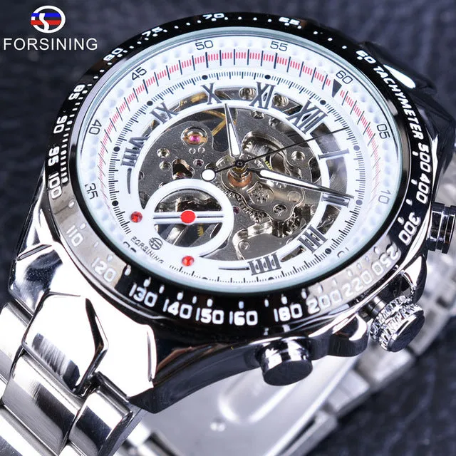 Forsining Stainless Steel Classic Series Transparent Golden Movement Steampunk Skeleton Mens Watches