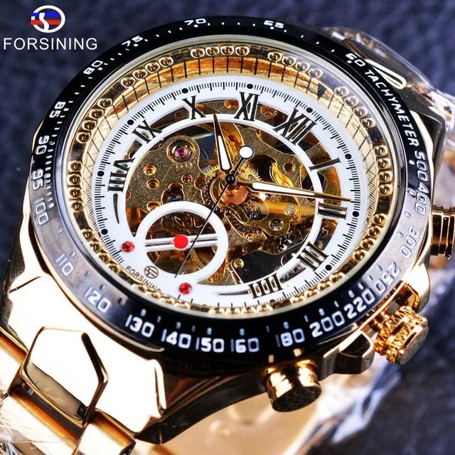 Forsining Stainless Steel Classic Series Transparent Golden Movement Steampunk Skeleton Mens Watches