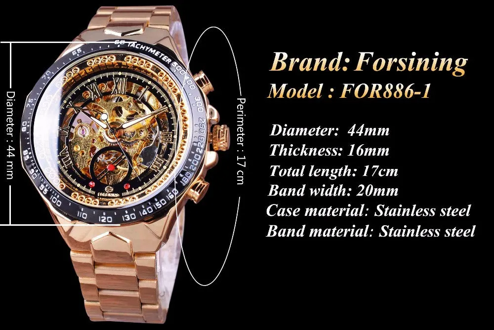 Forsining Stainless Steel Classic Series Transparent Golden Movement Steampunk Skeleton Mens Watches