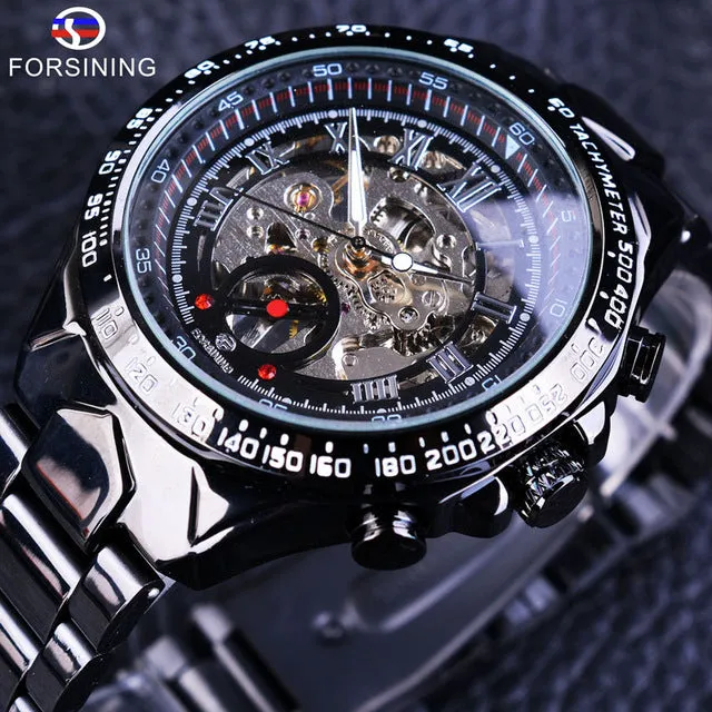 Forsining Stainless Steel Classic Series Transparent Golden Movement Steampunk Skeleton Mens Watches