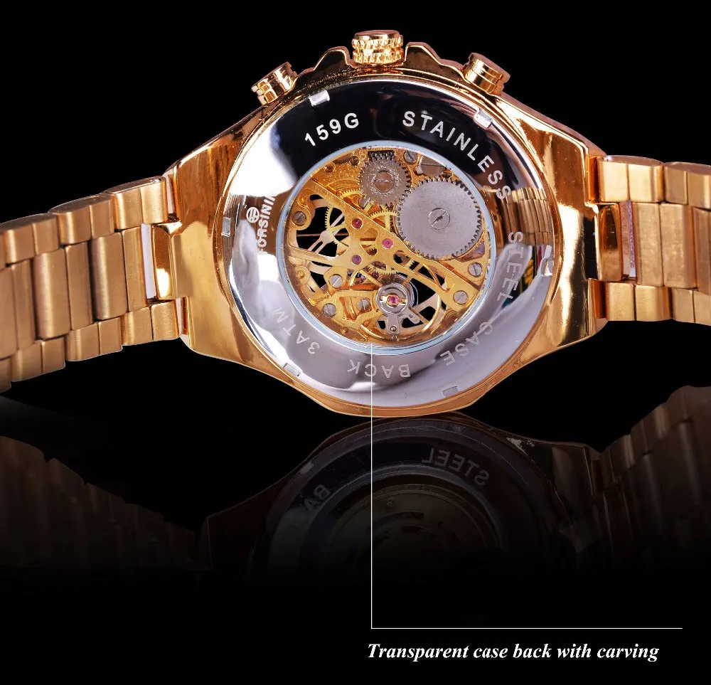 Forsining Stainless Steel Classic Series Transparent Golden Movement Steampunk Skeleton Mens Watches