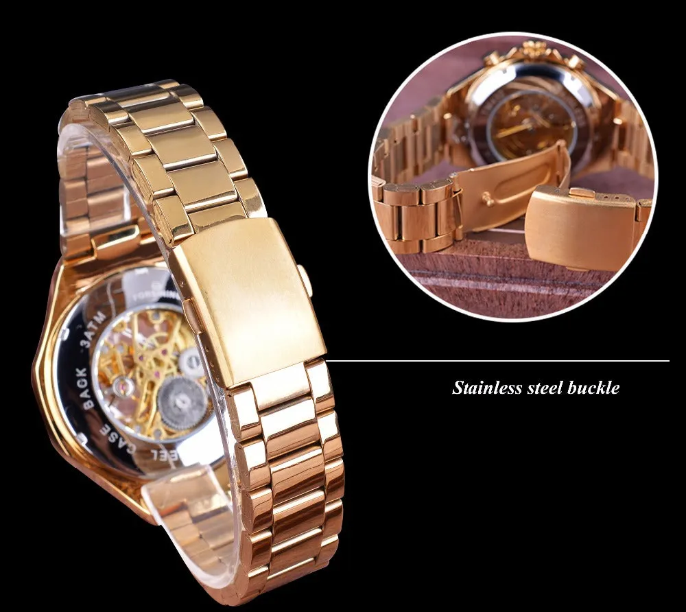 Forsining Stainless Steel Classic Series Transparent Golden Movement Steampunk Skeleton Mens Watches