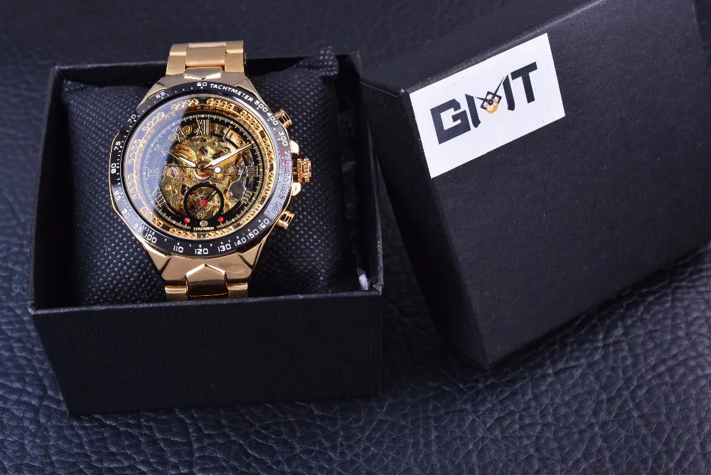 Forsining Stainless Steel Classic Series Transparent Golden Movement Steampunk Skeleton Mens Watches