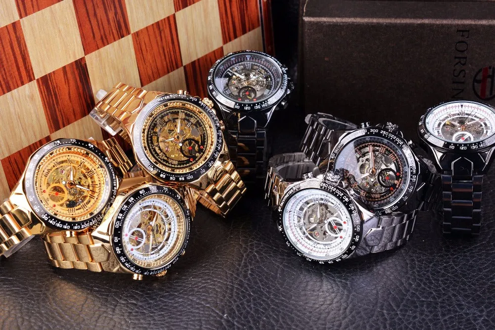 Forsining Stainless Steel Classic Series Transparent Golden Movement Steampunk Skeleton Mens Watches