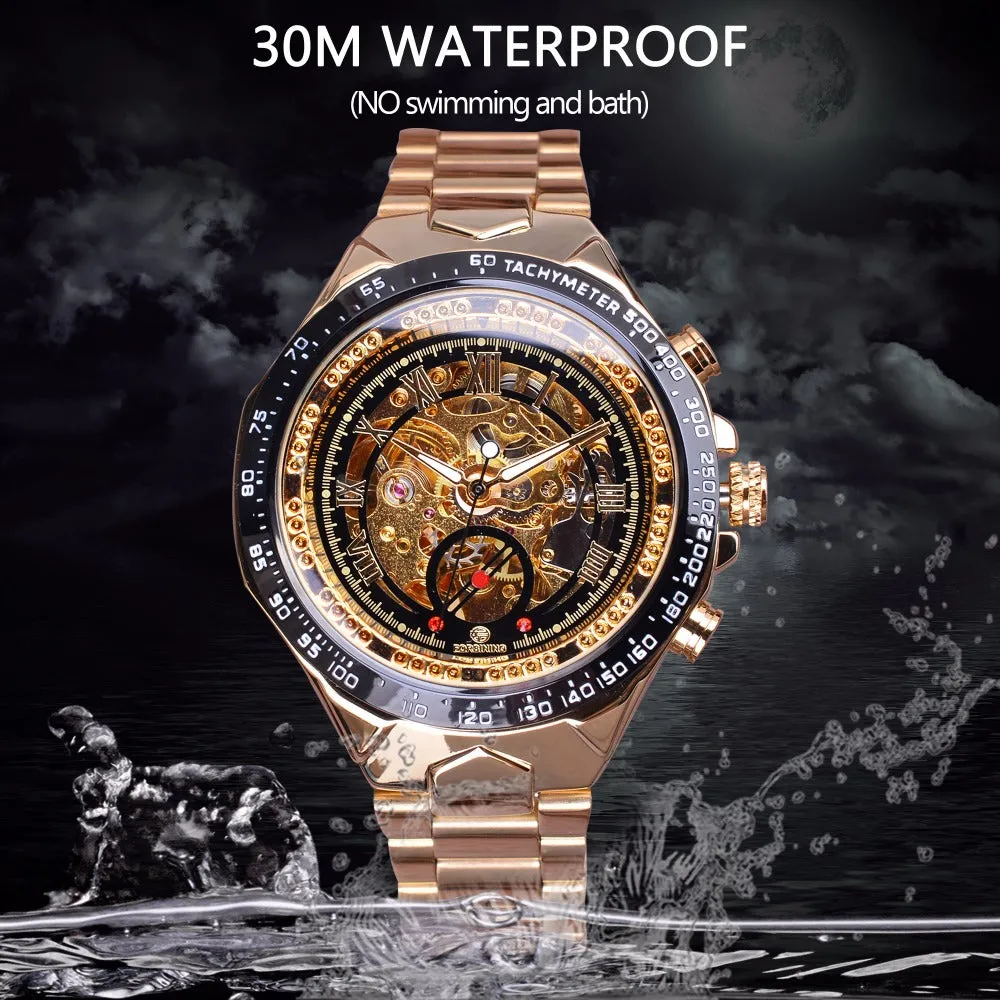 Forsining Stainless Steel Classic Series Transparent Golden Movement Steampunk Skeleton Mens Watches
