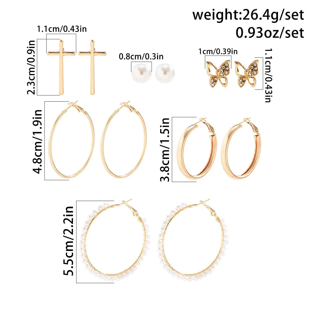 Geometric 12 Pieces Cross Butterfly Chunky Hoop Stud Earrings Set