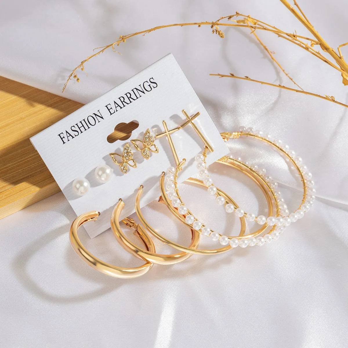 Geometric 12 Pieces Cross Butterfly Chunky Hoop Stud Earrings Set