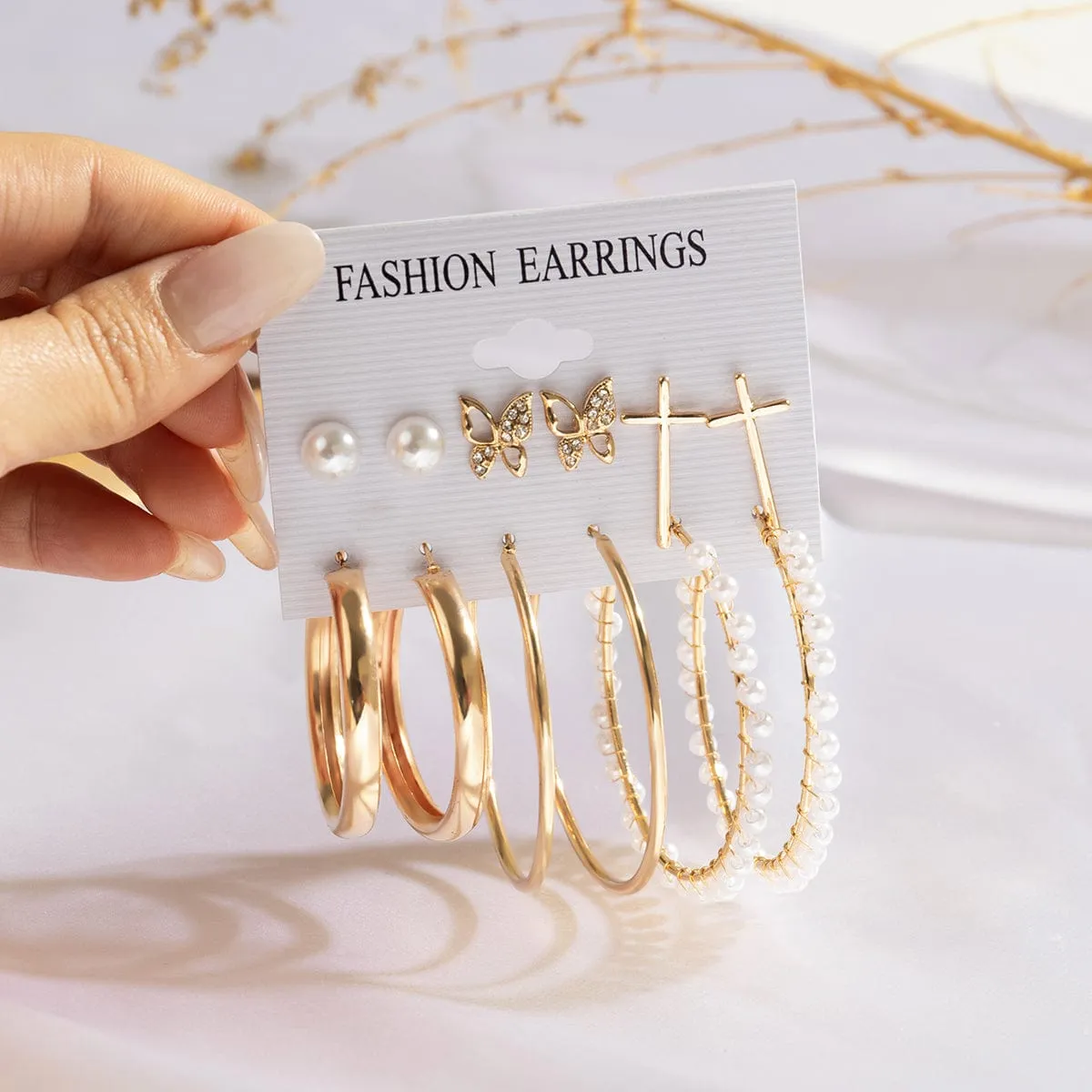 Geometric 12 Pieces Cross Butterfly Chunky Hoop Stud Earrings Set