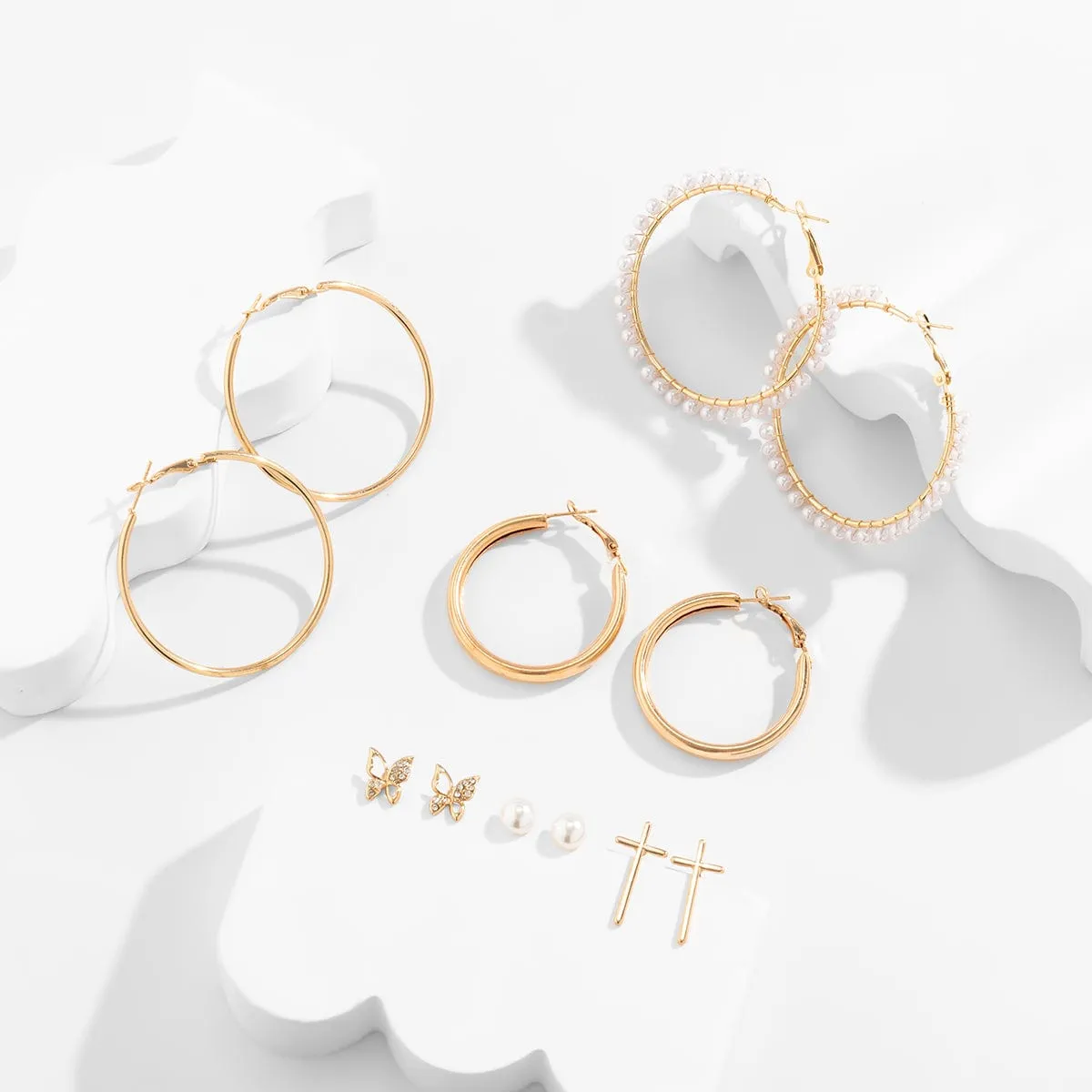 Geometric 12 Pieces Cross Butterfly Chunky Hoop Stud Earrings Set