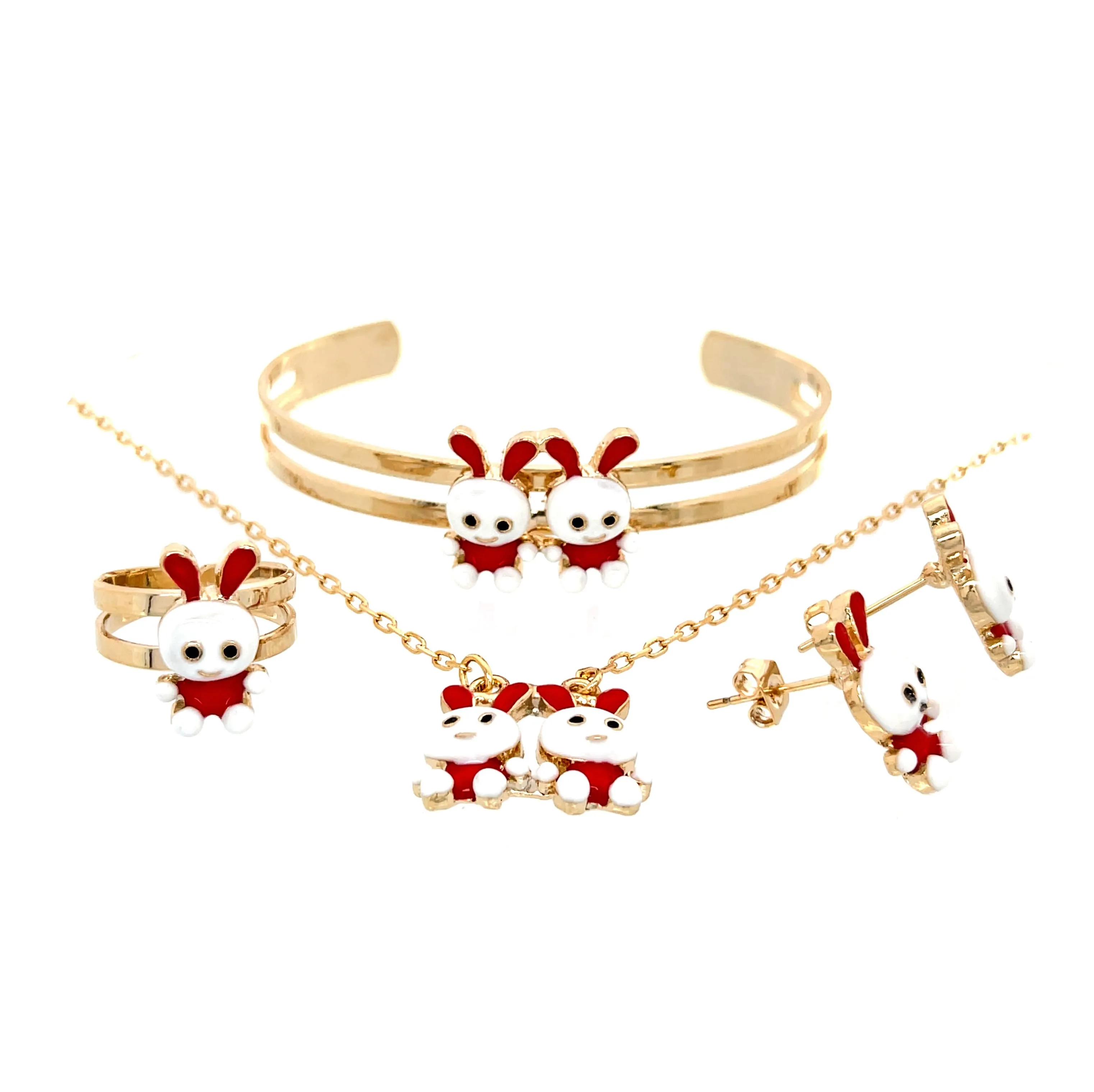Girls Easter Bunny Set, Necklace, Cuff bracelet, earrings and a ring 10k Gold filled