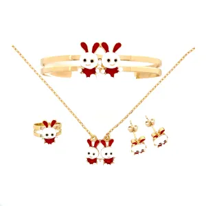 Girls Easter Bunny Set, Necklace, Cuff bracelet, earrings and a ring 10k Gold filled
