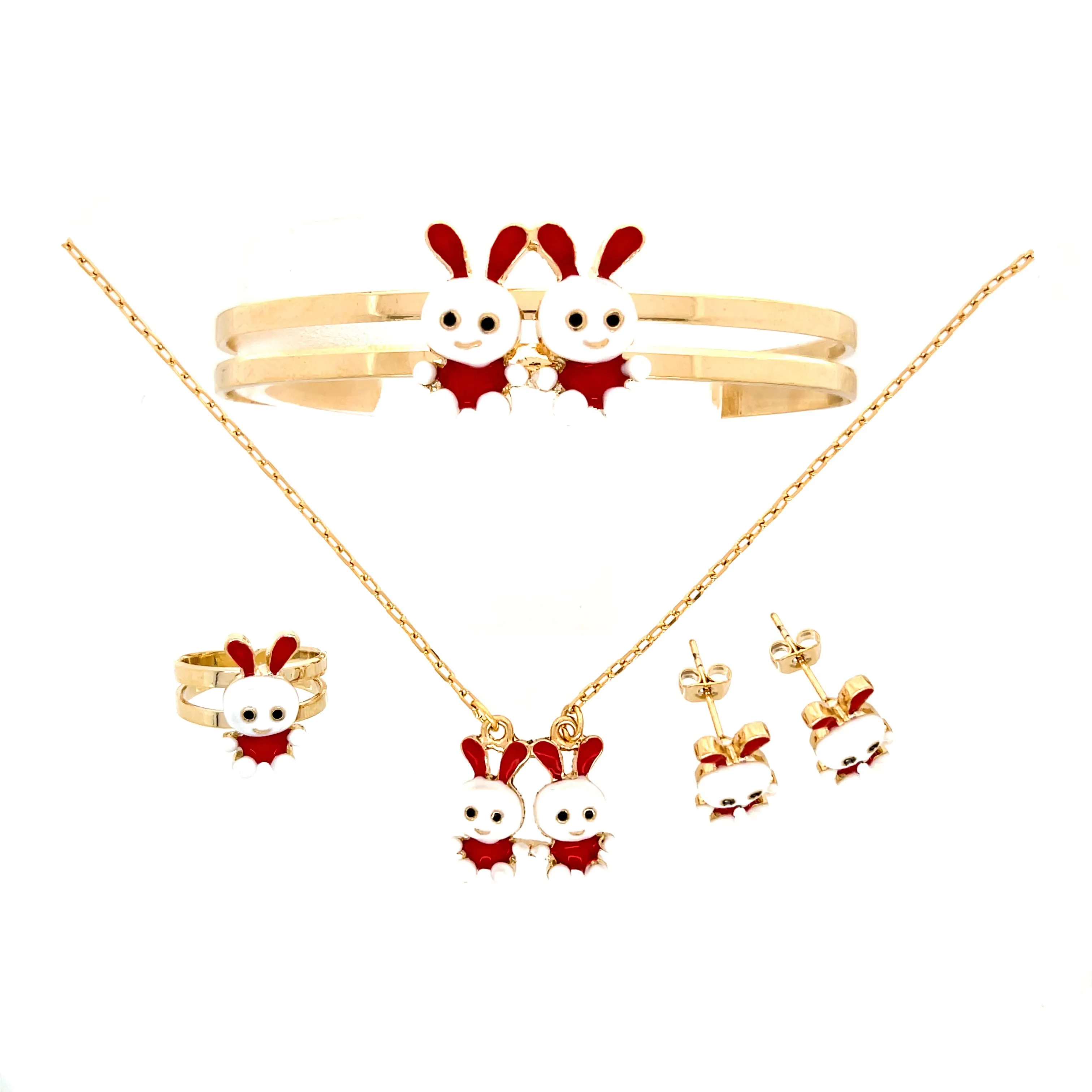 Girls Easter Bunny Set, Necklace, Cuff bracelet, earrings and a ring 10k Gold filled
