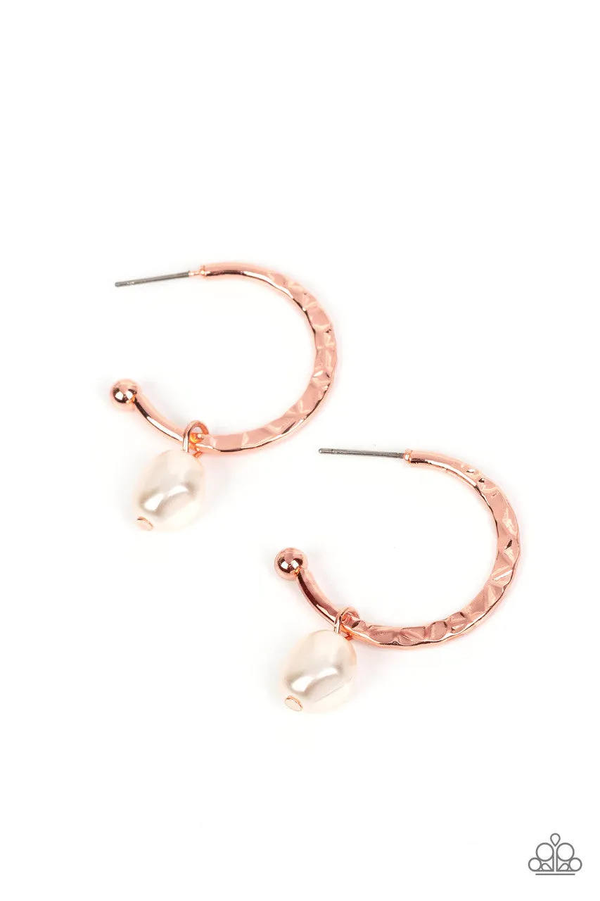 GLAM Overboard - Copper - Imperfect White Pearl Drop Hoop Paparazzi Earrings