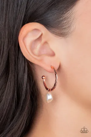 GLAM Overboard - Copper - Imperfect White Pearl Drop Hoop Paparazzi Earrings