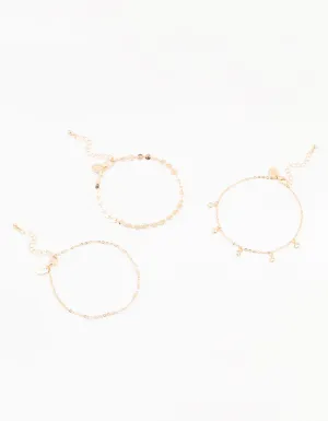 Gold Pearl Diamante Drop Anklets 3-Pack