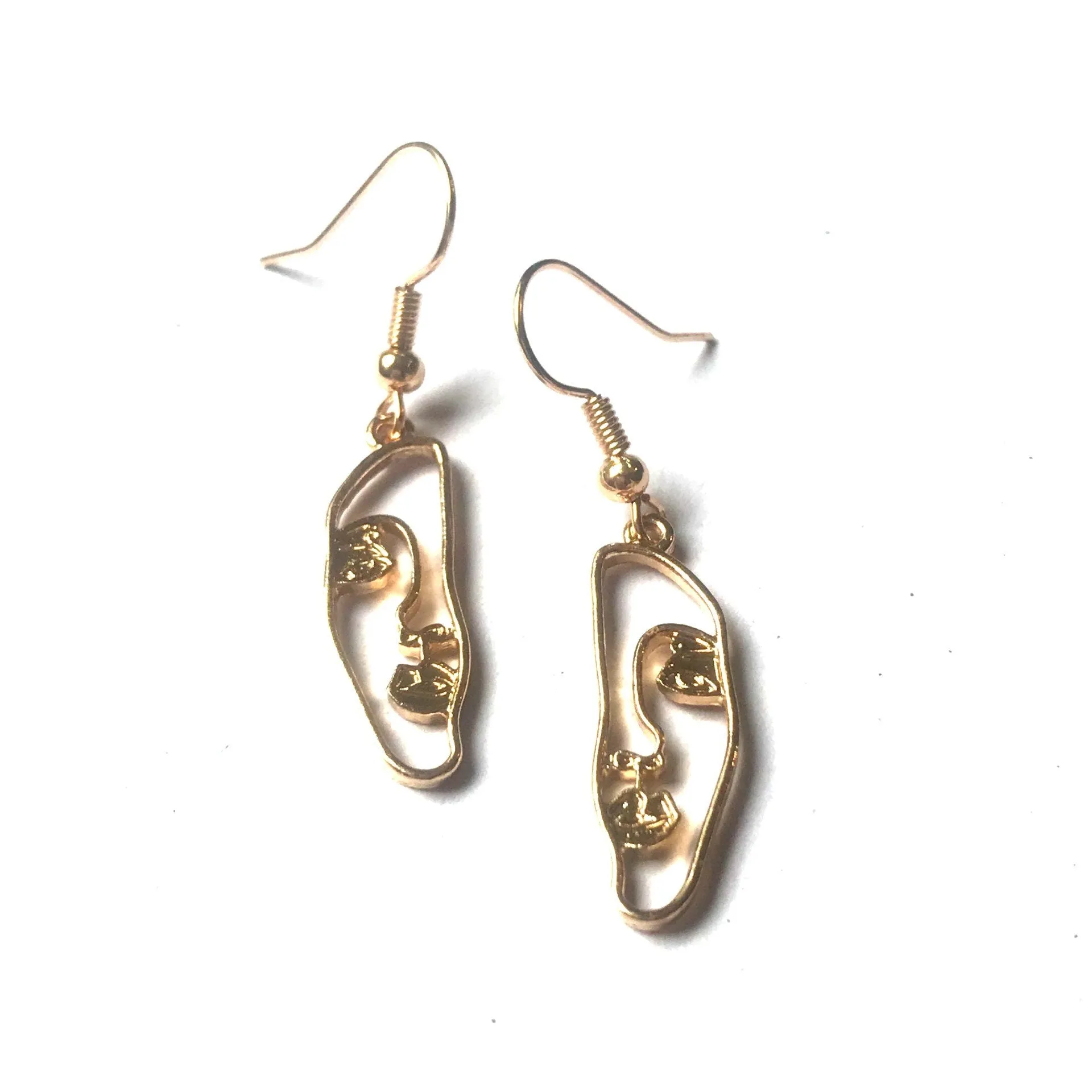 Gold Plated Hollow Out Face Charm Drop Earrings - Feminist Earrings, Abstract Face Earrings, High Polished, Hanging Jewellery, Accessories