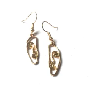 Gold Plated Hollow Out Face Charm Drop Earrings - Feminist Earrings, Abstract Face Earrings, High Polished, Hanging Jewellery, Accessories
