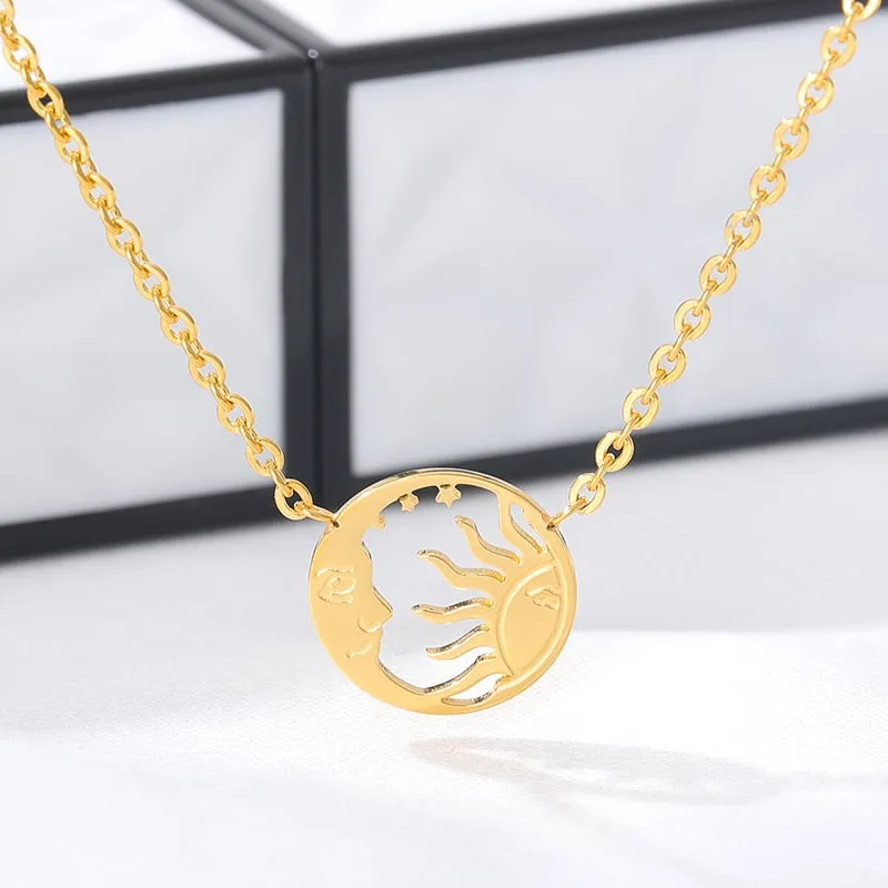 Gold Silver Color Crescent Moon Sun Pendent Necklaces For Women