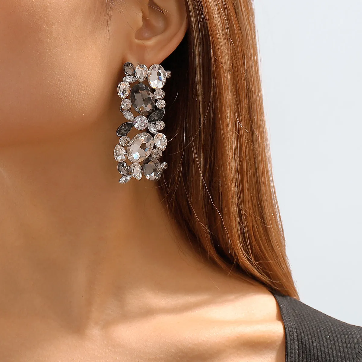 Gray Crystal & Rhodium-Plated Cluster Drop Earrings