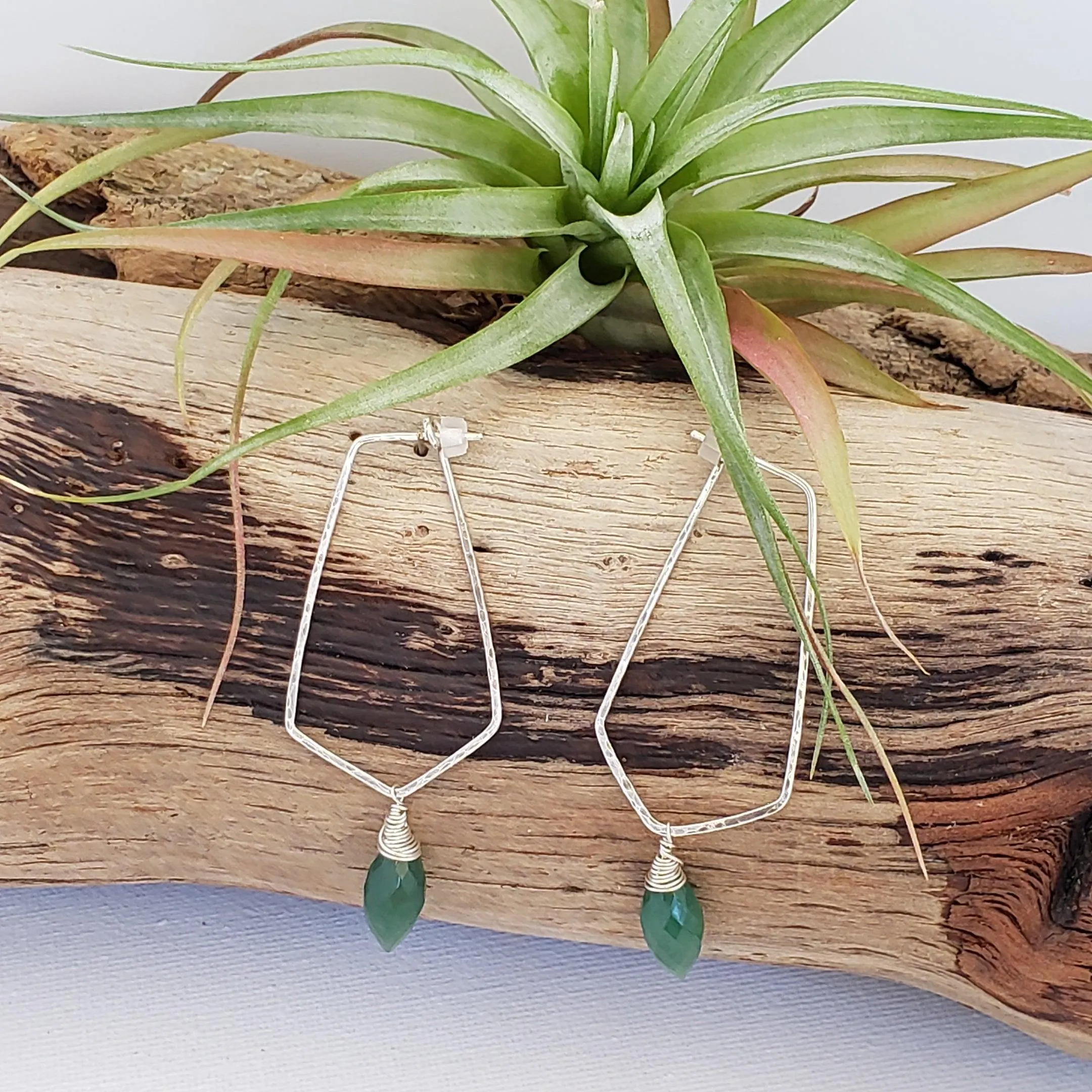 Green onyx geometric hoops