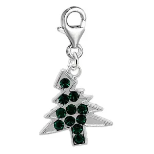 Green Rhinestone Christmas Tree Charm Pendant for European Clip on Charm Jewelry with Lobster Clasp
