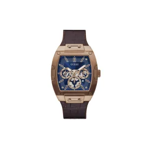 Guess Men's Quartz Watch Coffee Brown Plated Steel Case With Blue Sun Ray Dial
