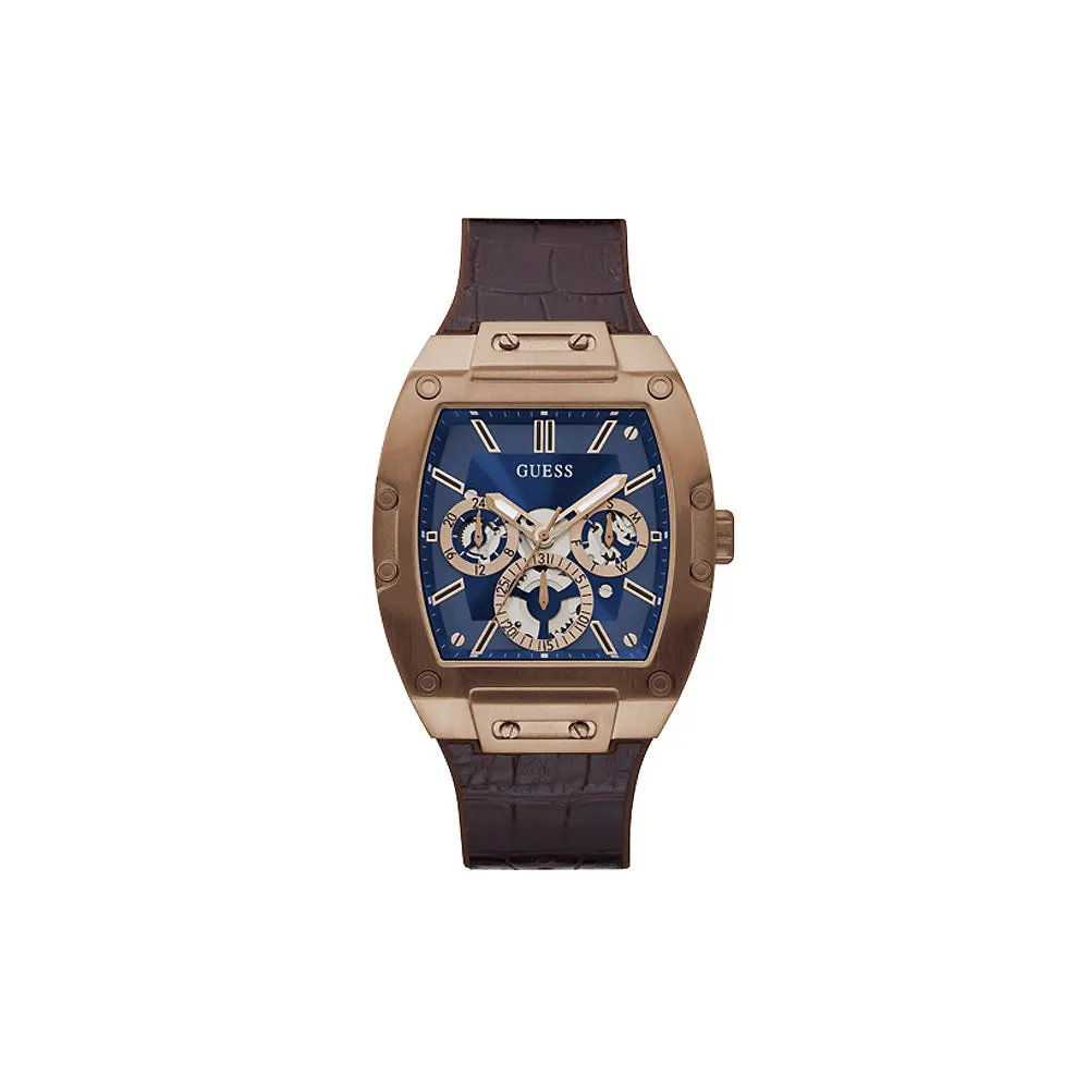Guess Men's Quartz Watch Coffee Brown Plated Steel Case With Blue Sun Ray Dial