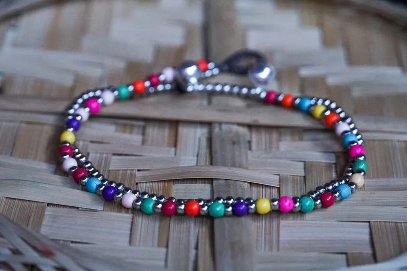 Handcrafted Elephant Boho Silver Anklet - 10 Inches Length, Thai Artisan-made with Cotton, Silver, Stone