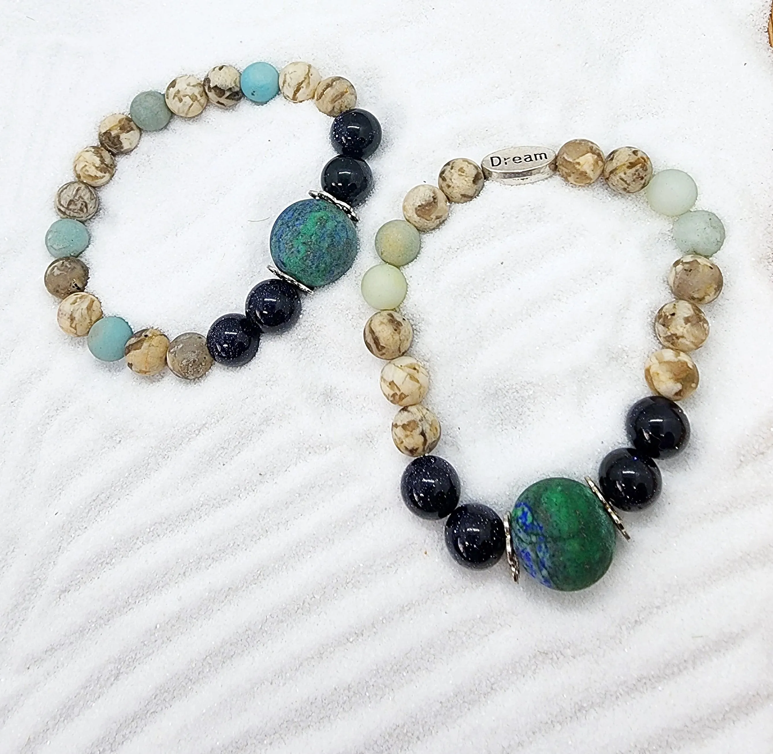 Handcrafted Gemstone Stretch Bracelet with Azurite Malachite Centerpiece - Encouragement, Grounding n