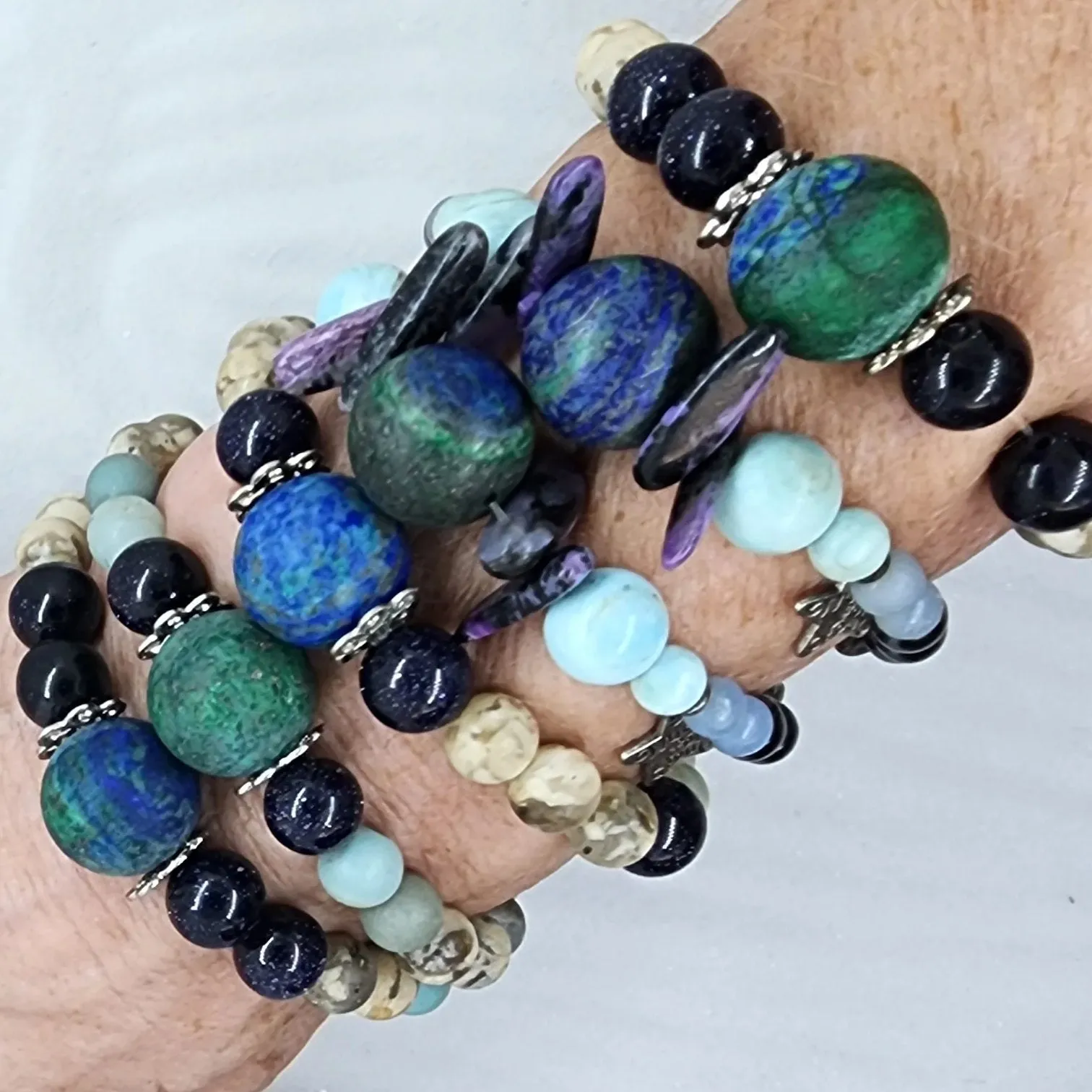 Handcrafted Gemstone Stretch Bracelet with Azurite Malachite Centerpiece - Encouragement, Grounding n