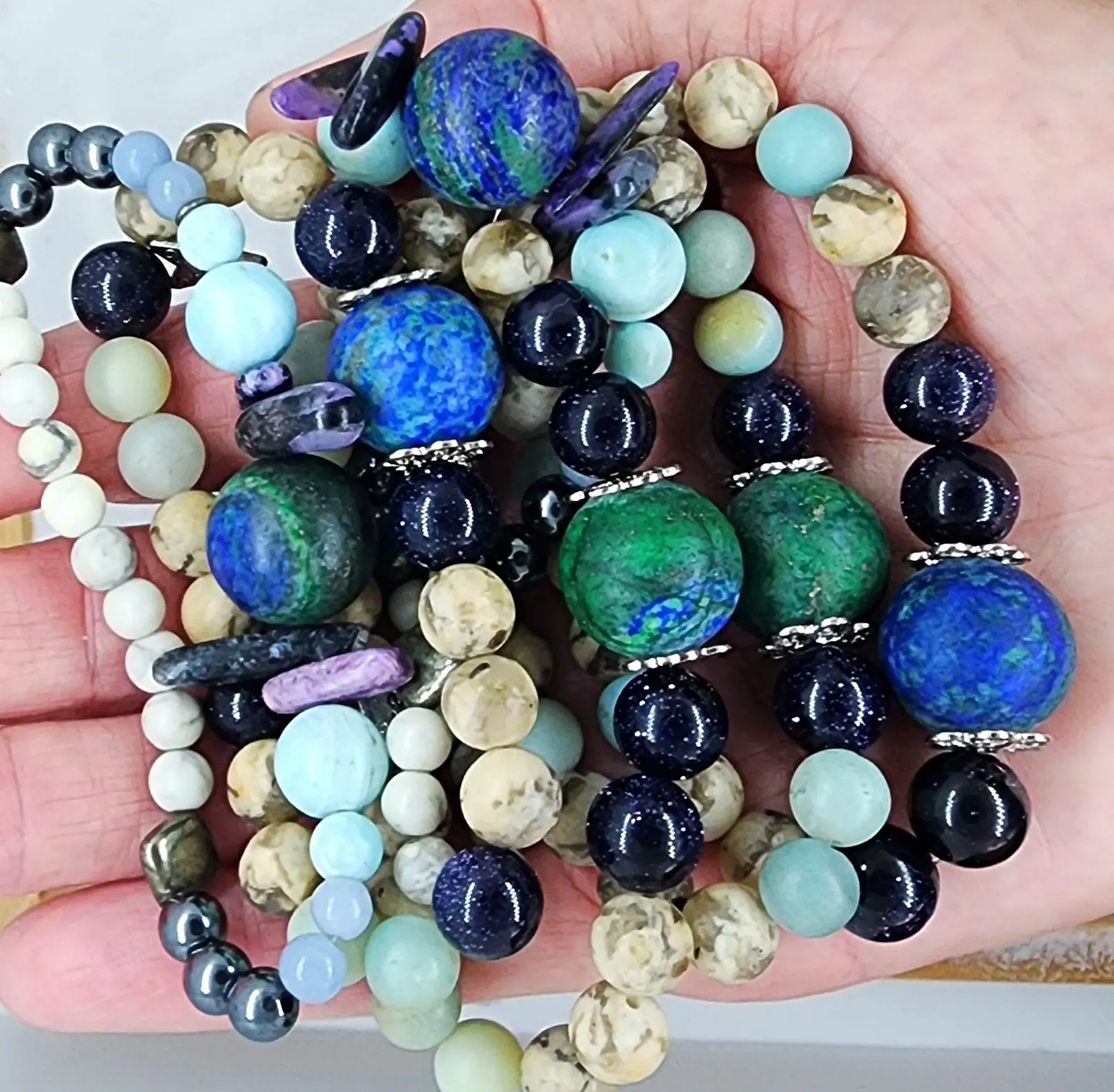 Handcrafted Gemstone Stretch Bracelet with Azurite Malachite Centerpiece - Encouragement, Grounding n