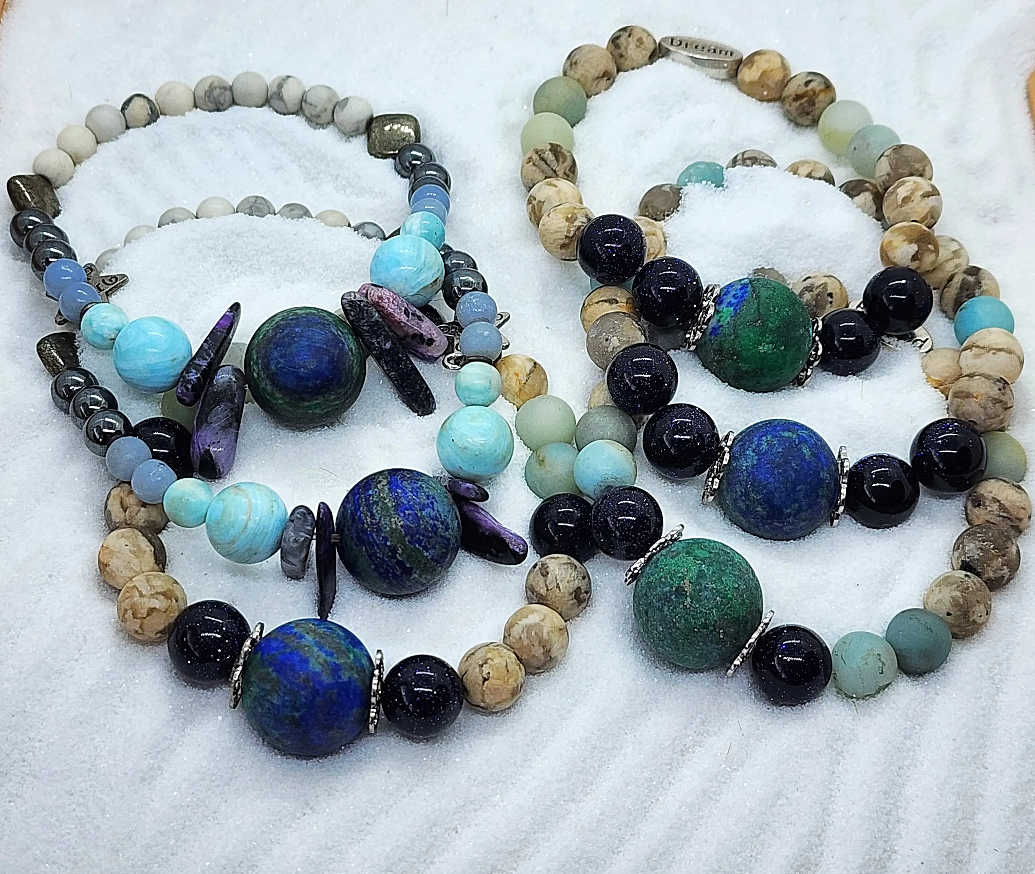 Handcrafted Gemstone Stretch Bracelet with Azurite Malachite Centerpiece - Encouragement, Grounding n