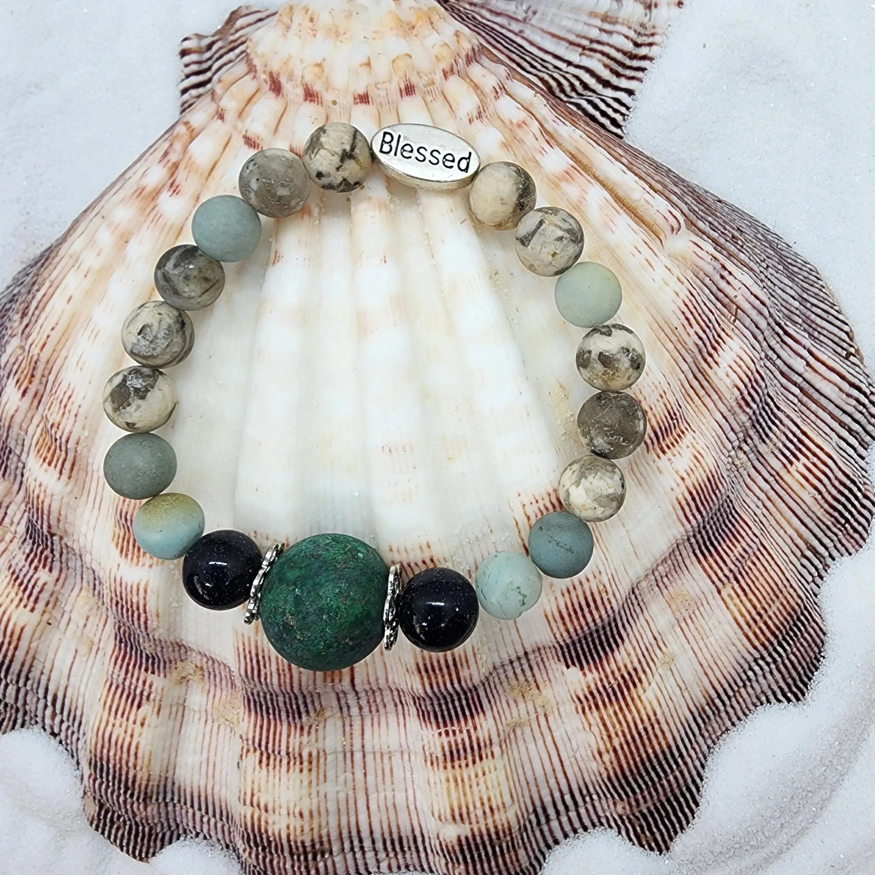 Handcrafted Gemstone Stretch Bracelet with Azurite Malachite Centerpiece - Encouragement, Grounding n