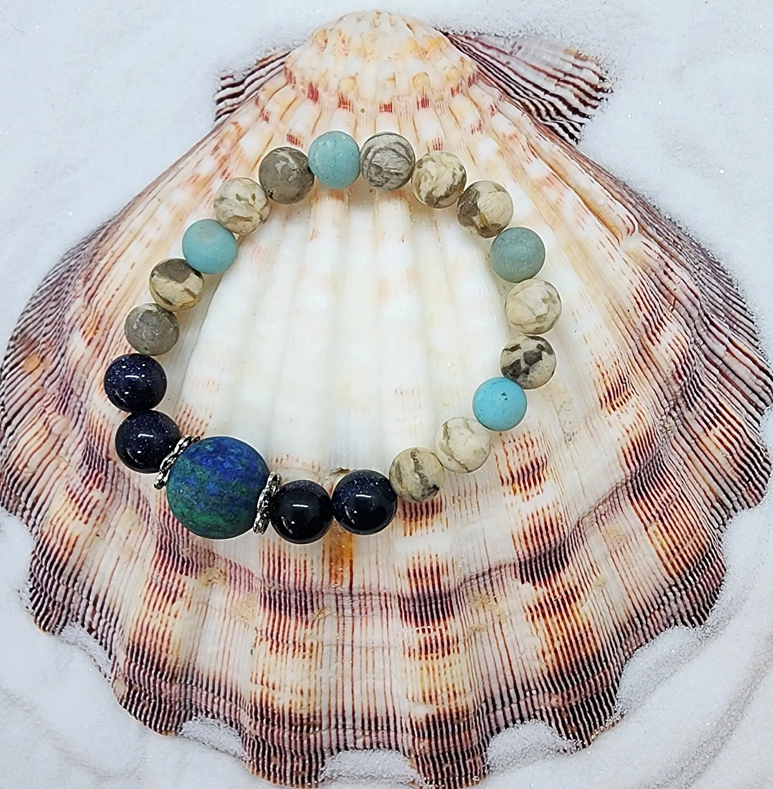 Handcrafted Gemstone Stretch Bracelet with Azurite Malachite Centerpiece - Encouragement, Grounding n
