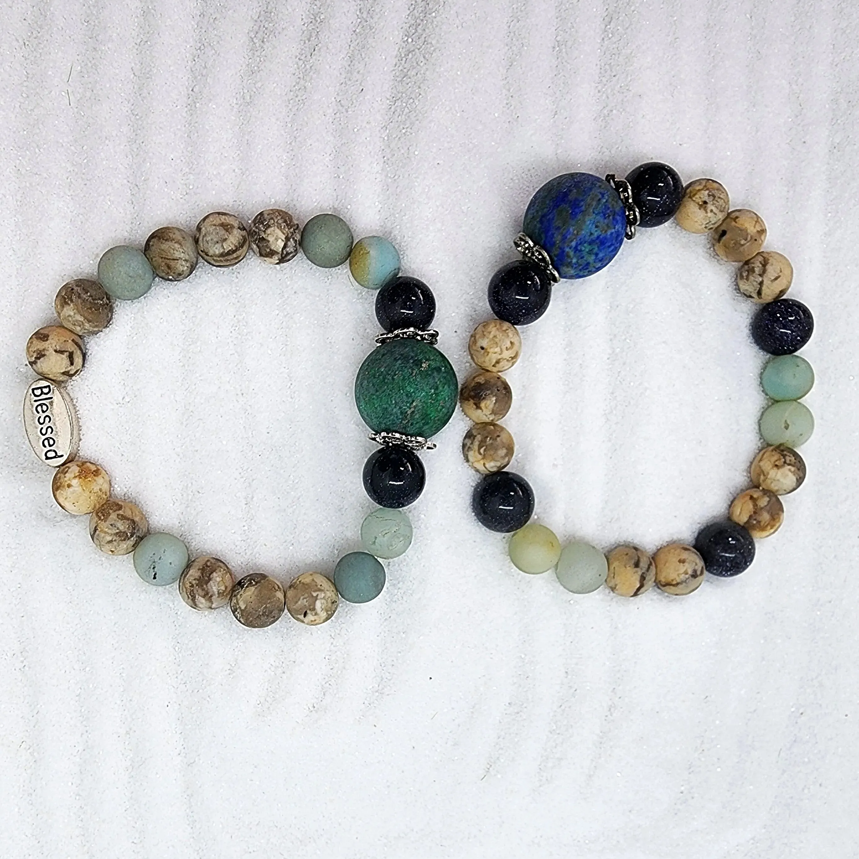 Handcrafted Gemstone Stretch Bracelet with Azurite Malachite Centerpiece - Encouragement, Grounding n