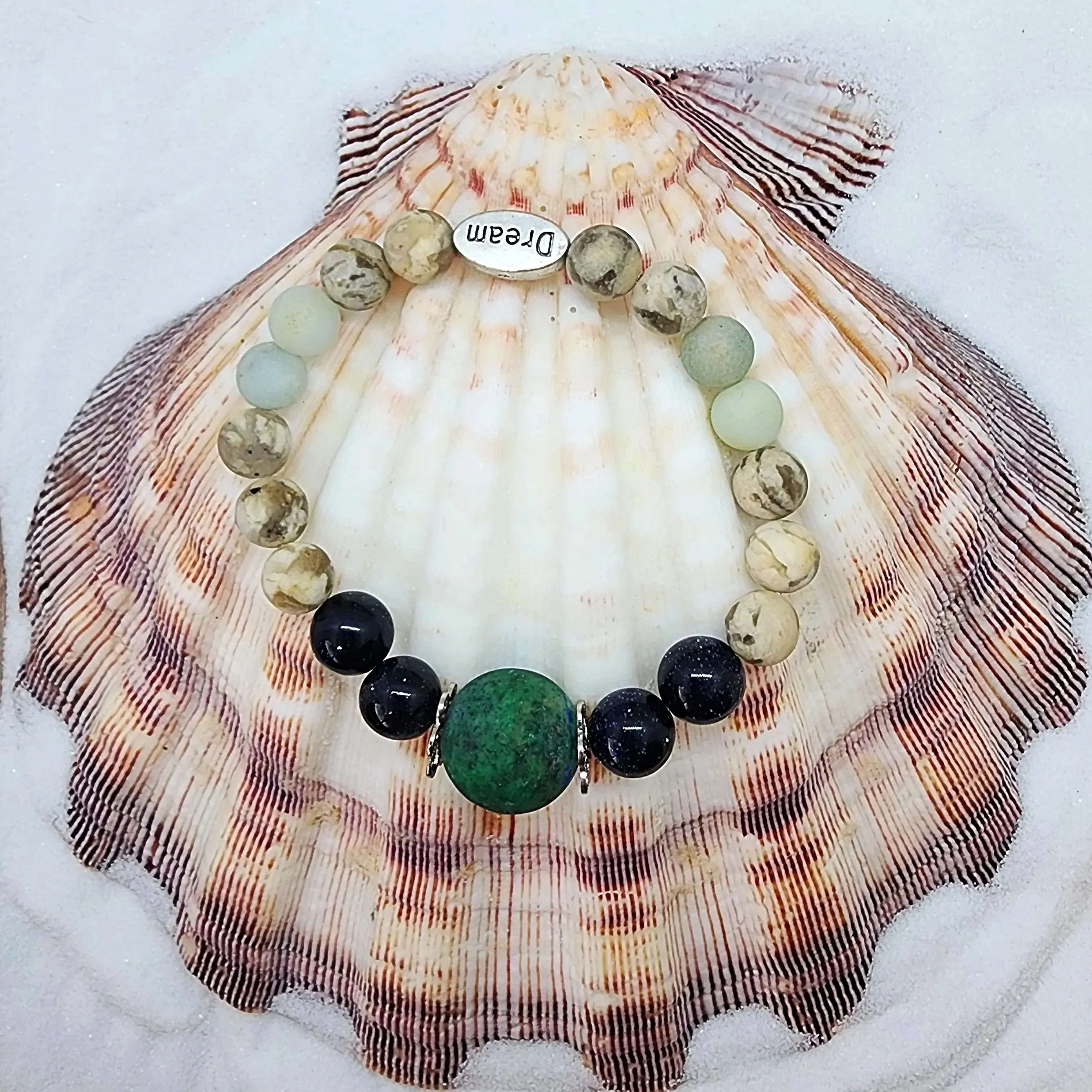 Handcrafted Gemstone Stretch Bracelet with Azurite Malachite Centerpiece - Encouragement, Grounding n