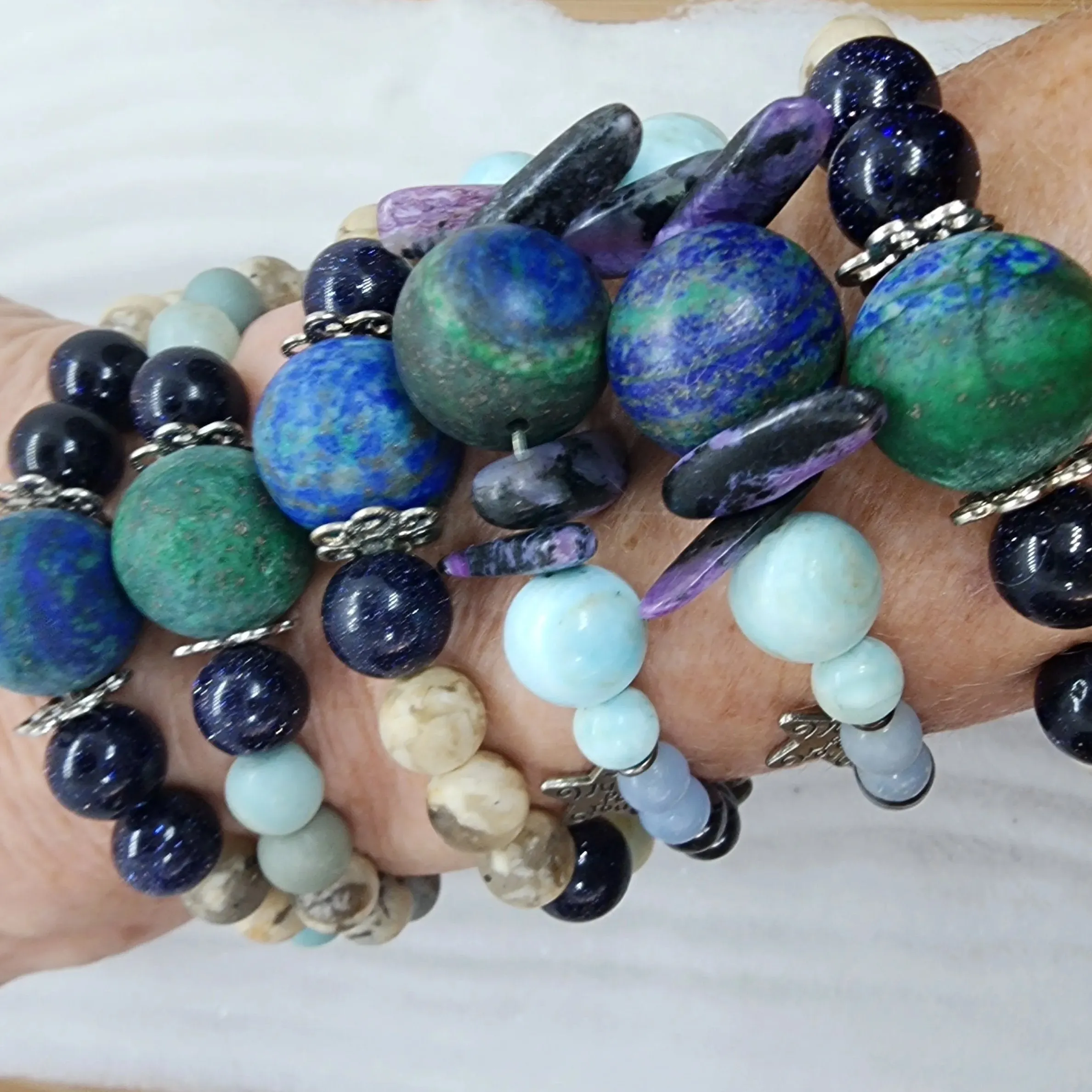 Handcrafted Gemstone Stretch Bracelet with Azurite Malachite Centerpiece - Encouragement, Grounding n