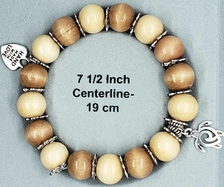 Handmade Boho Style Stretch Turtle Charm Bracelet with Sandalwood Beads