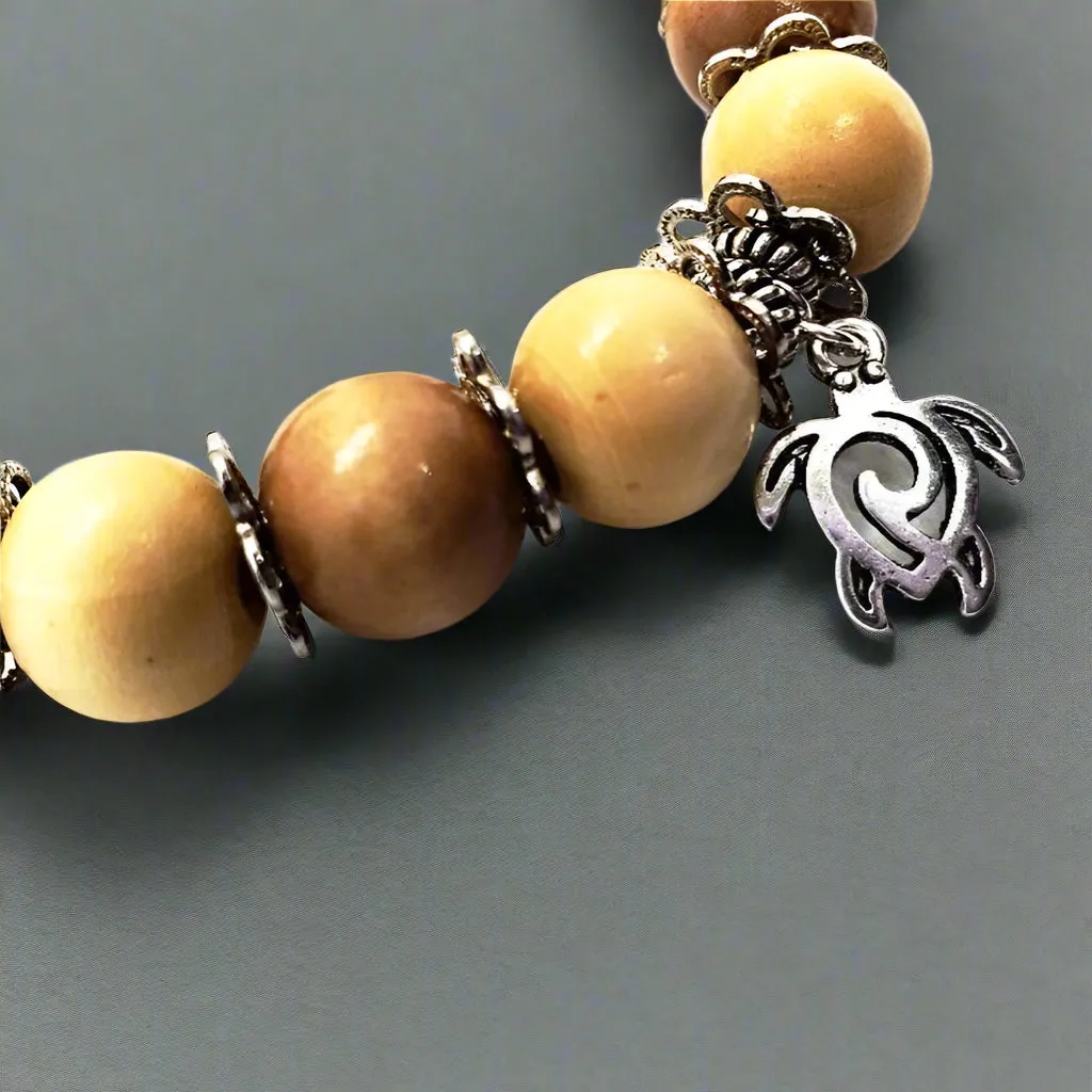 Handmade Boho Style Stretch Turtle Charm Bracelet with Sandalwood Beads