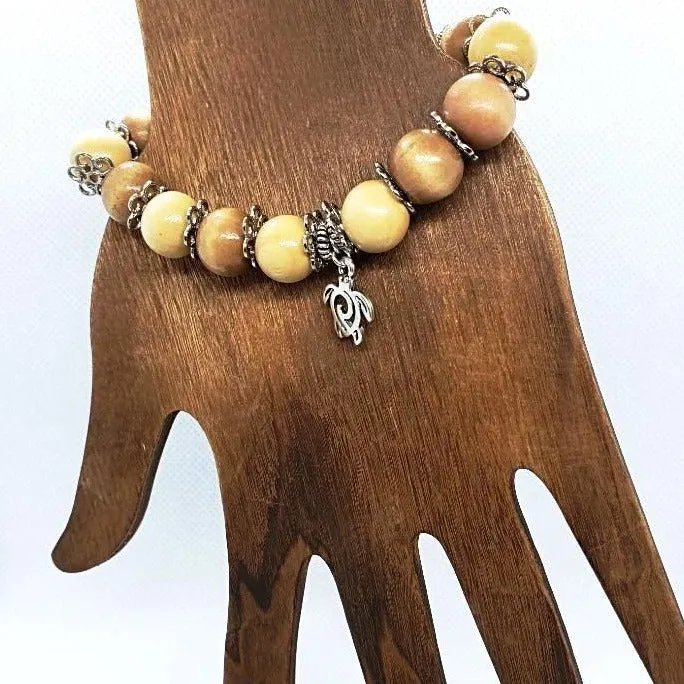 Handmade Boho Style Stretch Turtle Charm Bracelet with Sandalwood Beads
